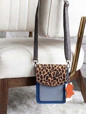 Soruka Leopard Flap Blue leather Crossbody Bag with Gray Strap
